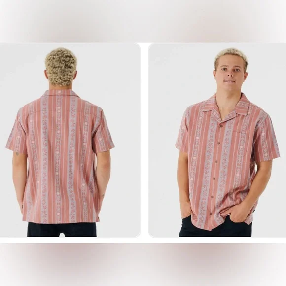 Rip Curl Topanga Short Sleeve Button Up Beach Vacay Shirt Coral - Picture 2 of 9